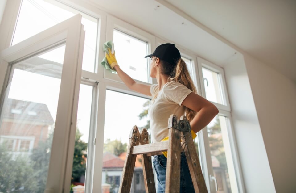 Woman wiping down window on a step ladder